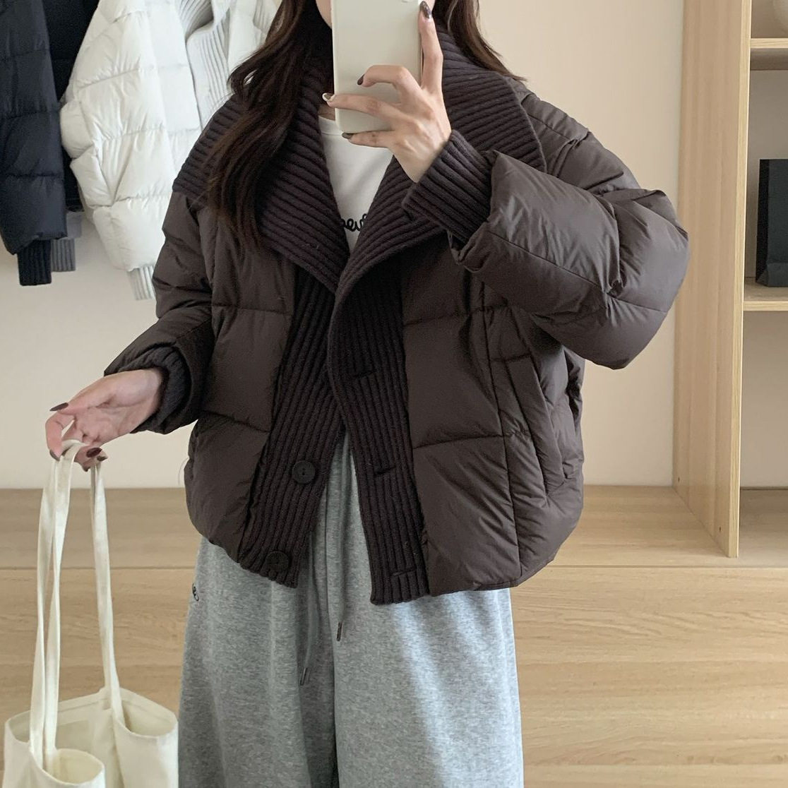 法式感针织拼接短款棉服女装设计感加厚面包服洋气外套冬季,女装/女士精品,棉衣/棉服,淘宝优惠券,粉丝福利购,淘宝优惠卷