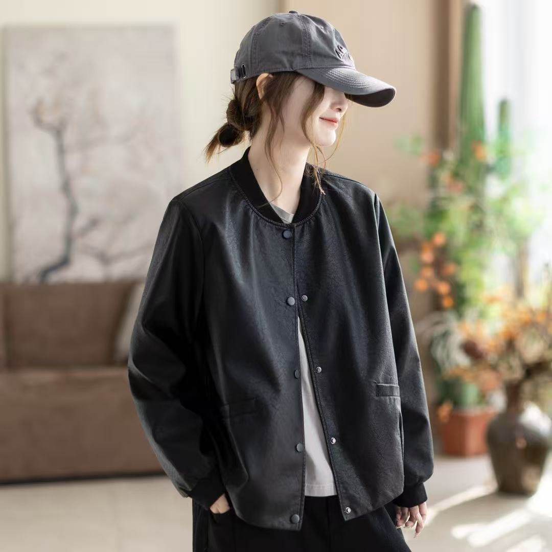 2026年春款皮衣外套女宽松休闲立领棒球领韩版外套慵懒风外套上衣,女装/女士精品,皮衣,淘宝优惠券,粉丝福利购,淘宝优惠卷