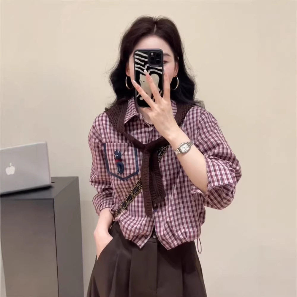 港风复古穿搭格子衬衫女秋季2025新款宽松显瘦减龄气质风长袖上衣