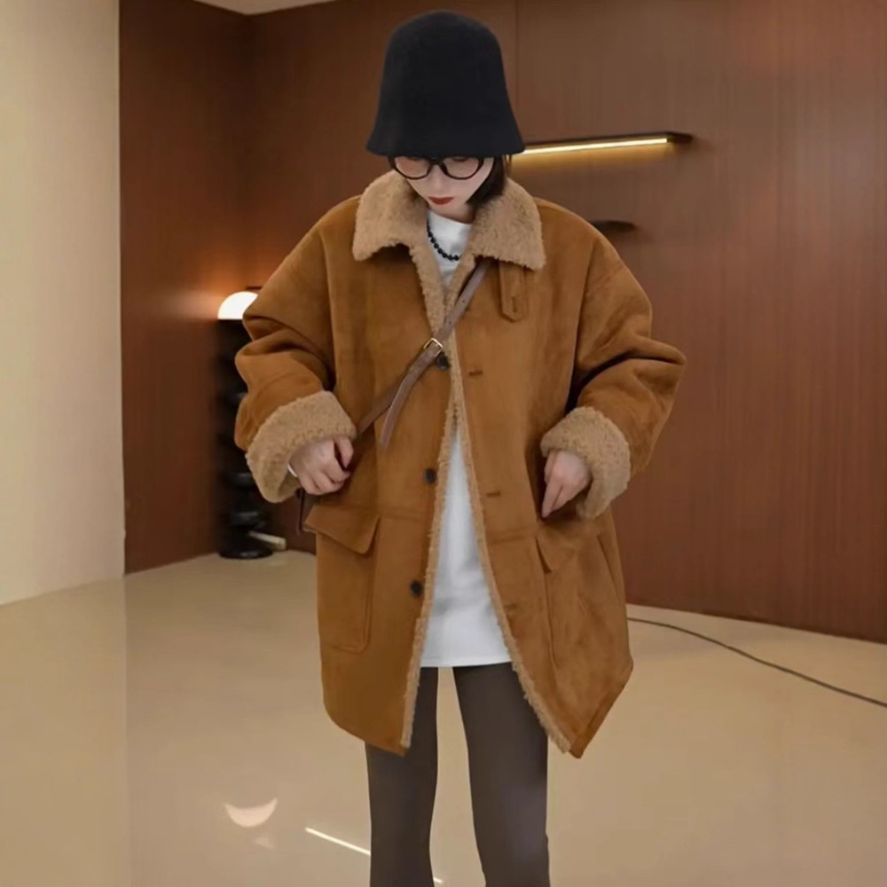 韩系麂皮绒羊羔毛外套女秋冬2025新款宽松显瘦保暖中长款皮毛一体