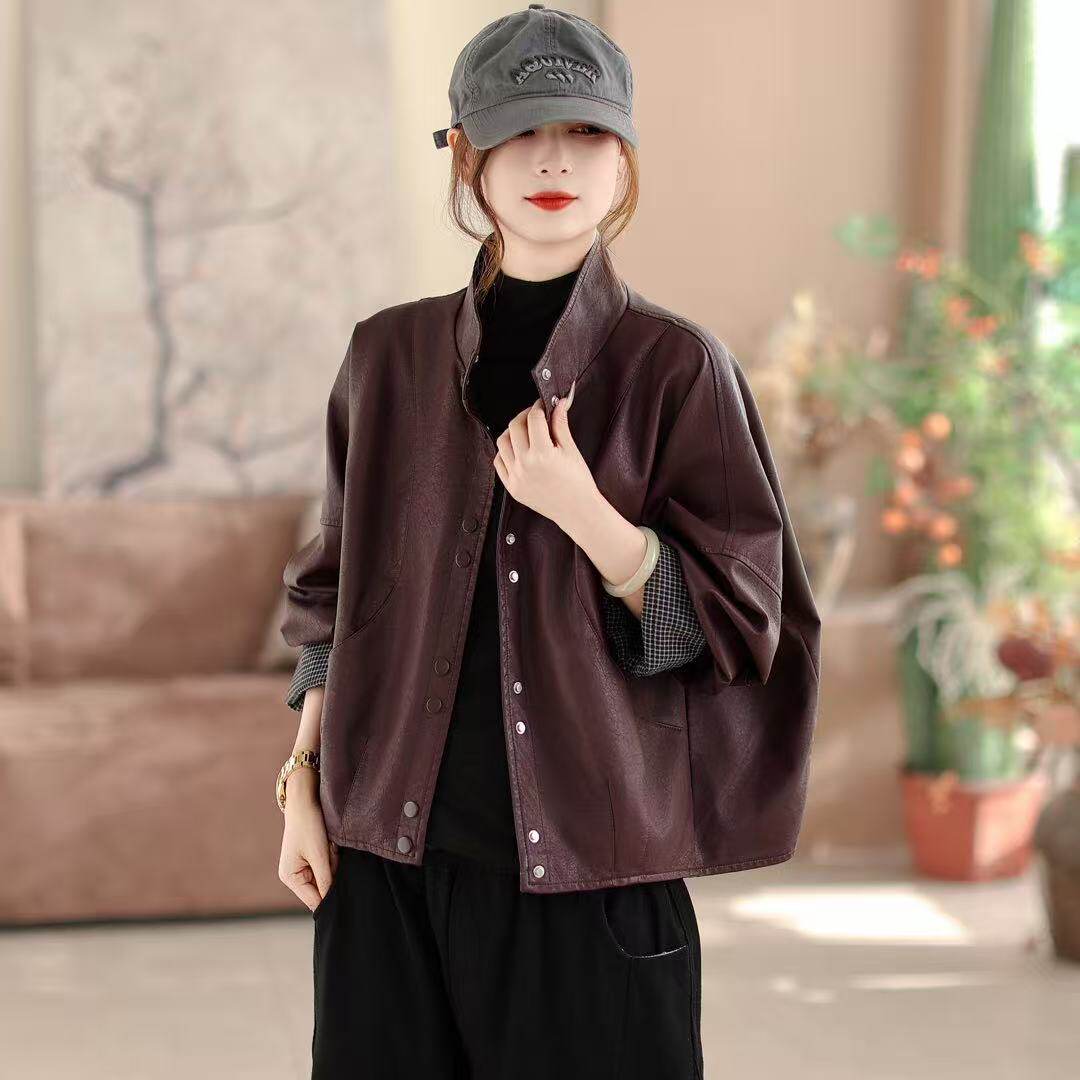 2026年春款皮衣外套女新款拼接格立领夹克衫长袖宽松休闲韩版上衣