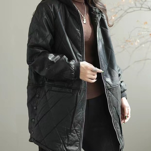 秋冬新款皮衣女外套中长款风衣外套加绒加厚保暖宽松休闲连帽外套