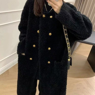 皮毛一体双排扣羊羔毛外套女2024秋冬慵懒风加厚中长款摇粒绒棉服