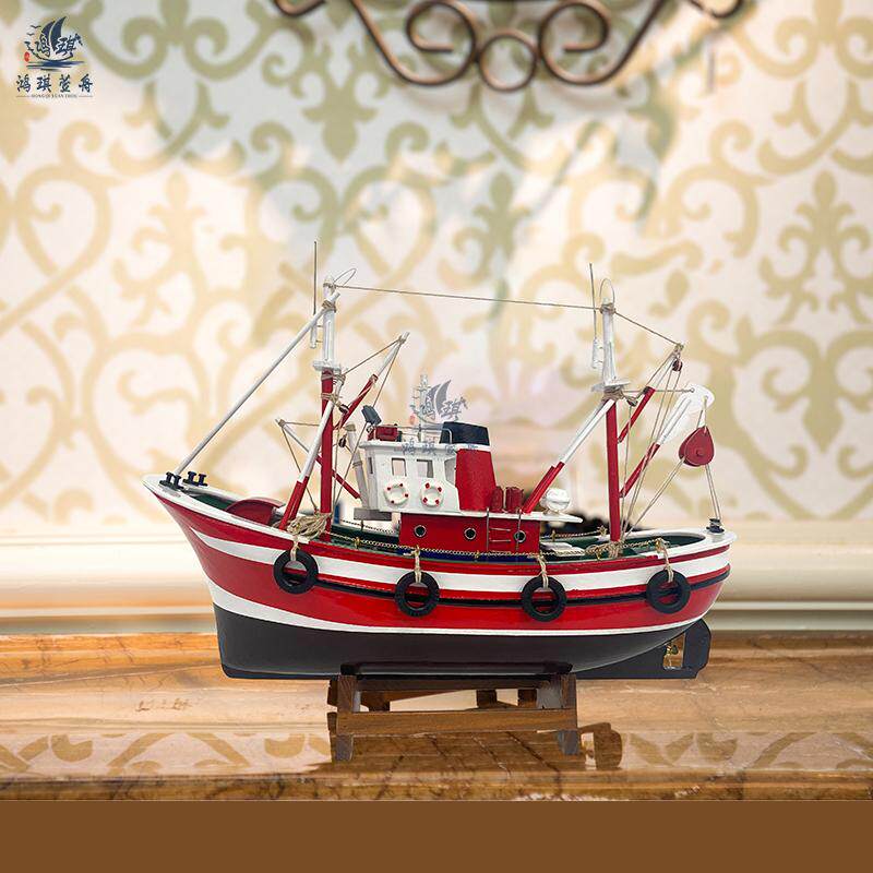 美式木质渔船模型打鱼船工艺船装饰摆件一帆风顺帆船模型客厅摆设