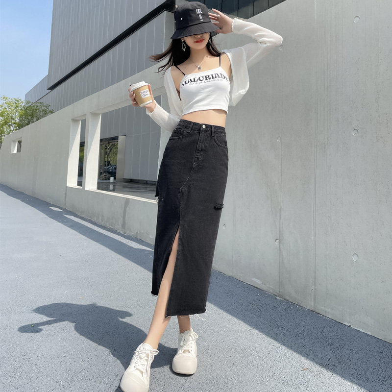 高腰黑色开叉破洞半身牛仔裙2025女装夏季a字显瘦包臀中长裙子