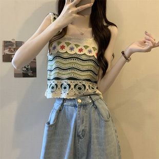 显瘦上衣 设计感钩花镂空方领背心吊带女夏季 2025新款 外穿无袖 短款