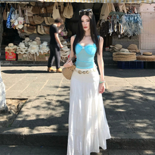 泰国云南海边度假穿搭女夏蓝色微透吊带白色高腰半身长裙两件套装