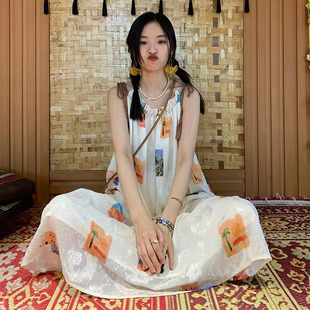 假日限定手工七彩流苏吊带印花连衣裙超仙海边度假旅游拍照长裙子