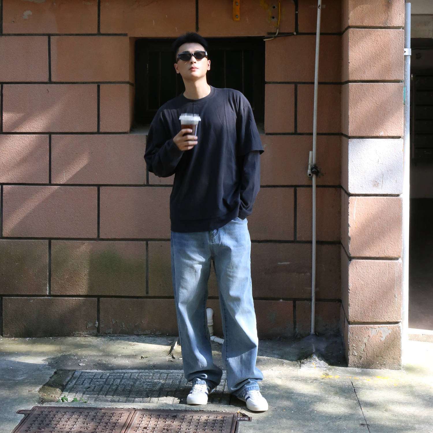 地卜师 假两件长袖t恤男春秋季重磅纯棉美式宽松拼接卫衣打底衫