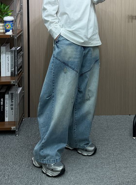 地卜师 美式水洗蓝色工装牛仔裤男女宽松复古阔腿弯刀裤baggy裤子