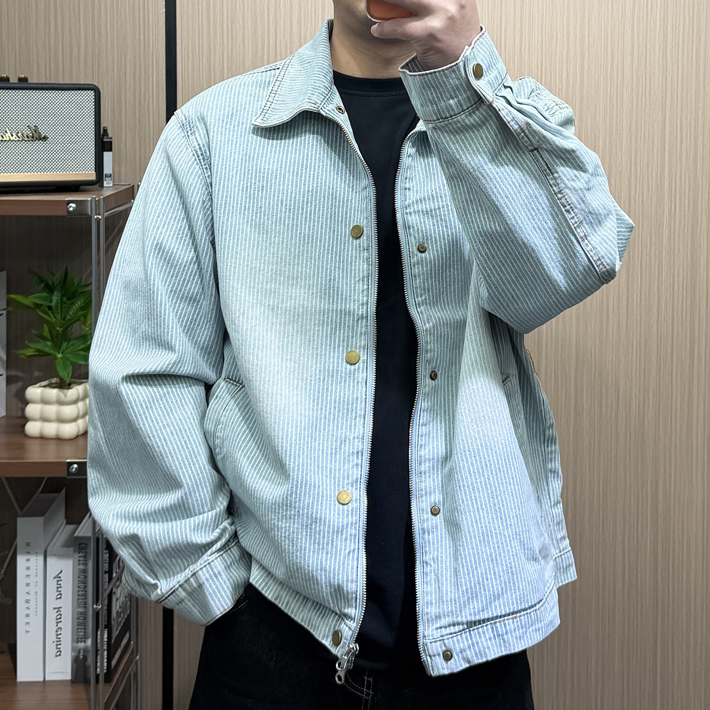 地卜师 春季美式条纹牛仔外套男宽松翻领长袖夹克蓝色复古风上衣