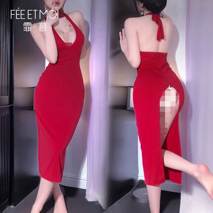 性感睡裙后高开露臀挂脖长裙修身诱惑情调内衣女酒店用品