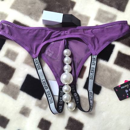 定制内裤装珠子男士性感露臀网纱薄7颗大珠子按摩后门个性丁字裤