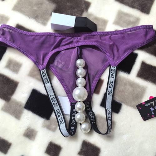 定制内裤装珠子男士性感露臀网纱薄7颗大珠子按摩后门个性丁字裤