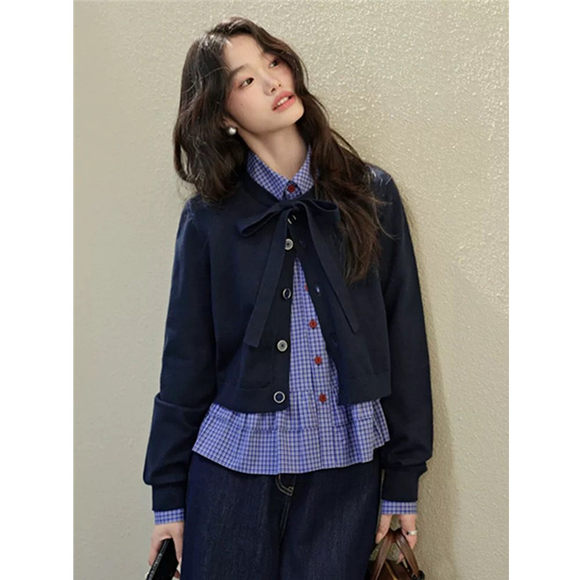 蝴蝶结针织开衫2025春季新款女装韩版休闲上衣小个子短款毛衣外套