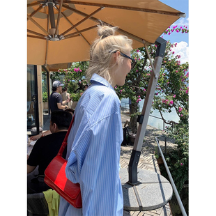 秋季女装韩系蓝色条纹衬衫外套慵懒风oversize宽松上衣长袖衬衣