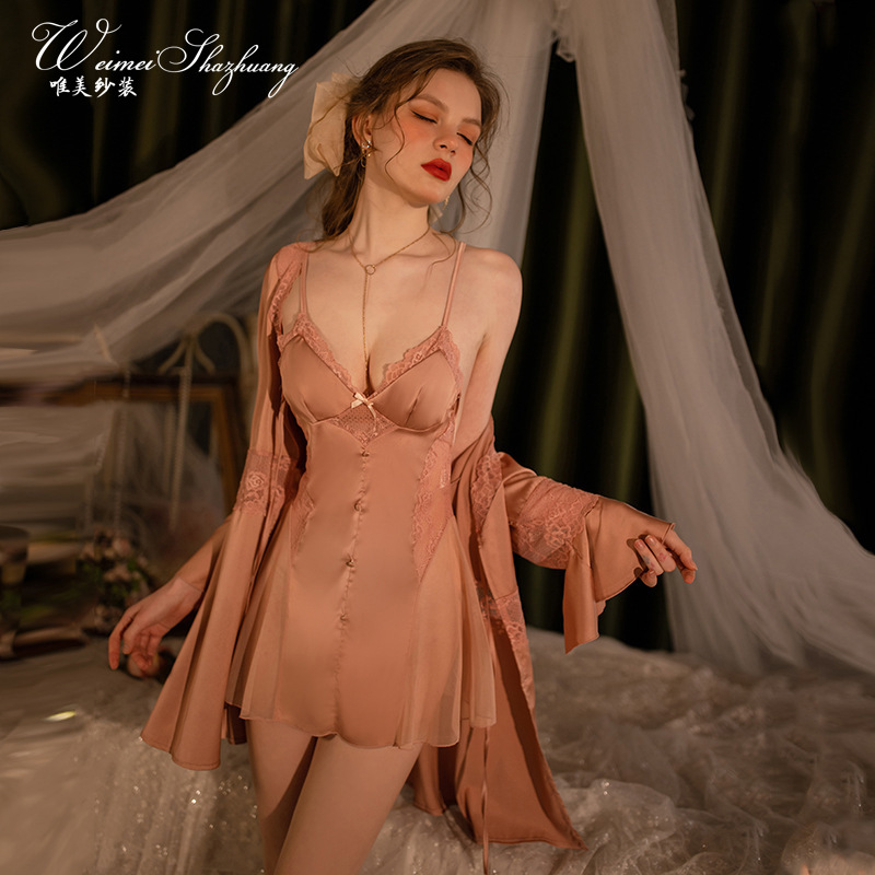 性感睡裙女胸垫款蕾丝诱惑吊带睡衣纯欲性感深v睡衣睡衣套装