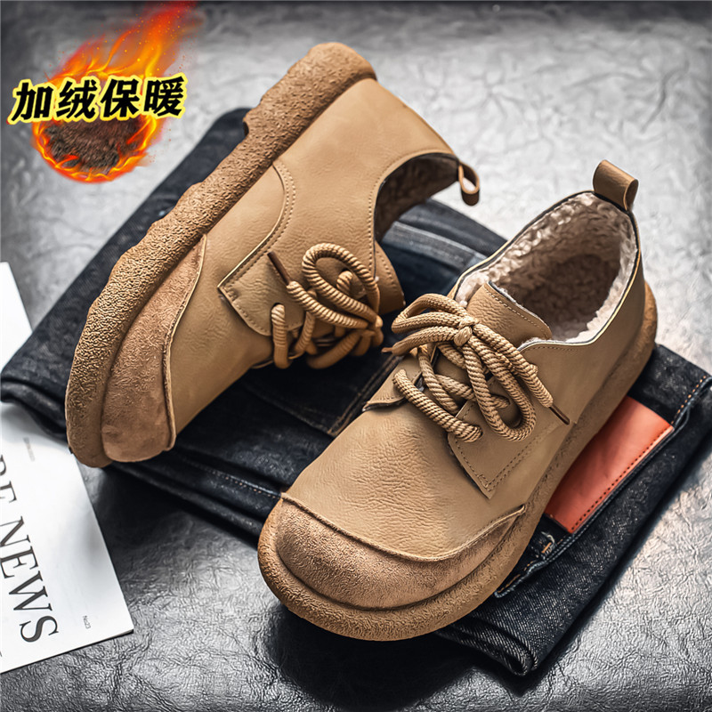 严选男鞋秋冬加绒加厚复古英伦风大头鞋软底软面大码低帮工装皮鞋