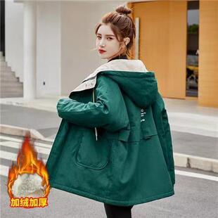 羊羔毛外套少女秋冬装初中高中学生韩版百搭加绒加厚工装连帽棉服