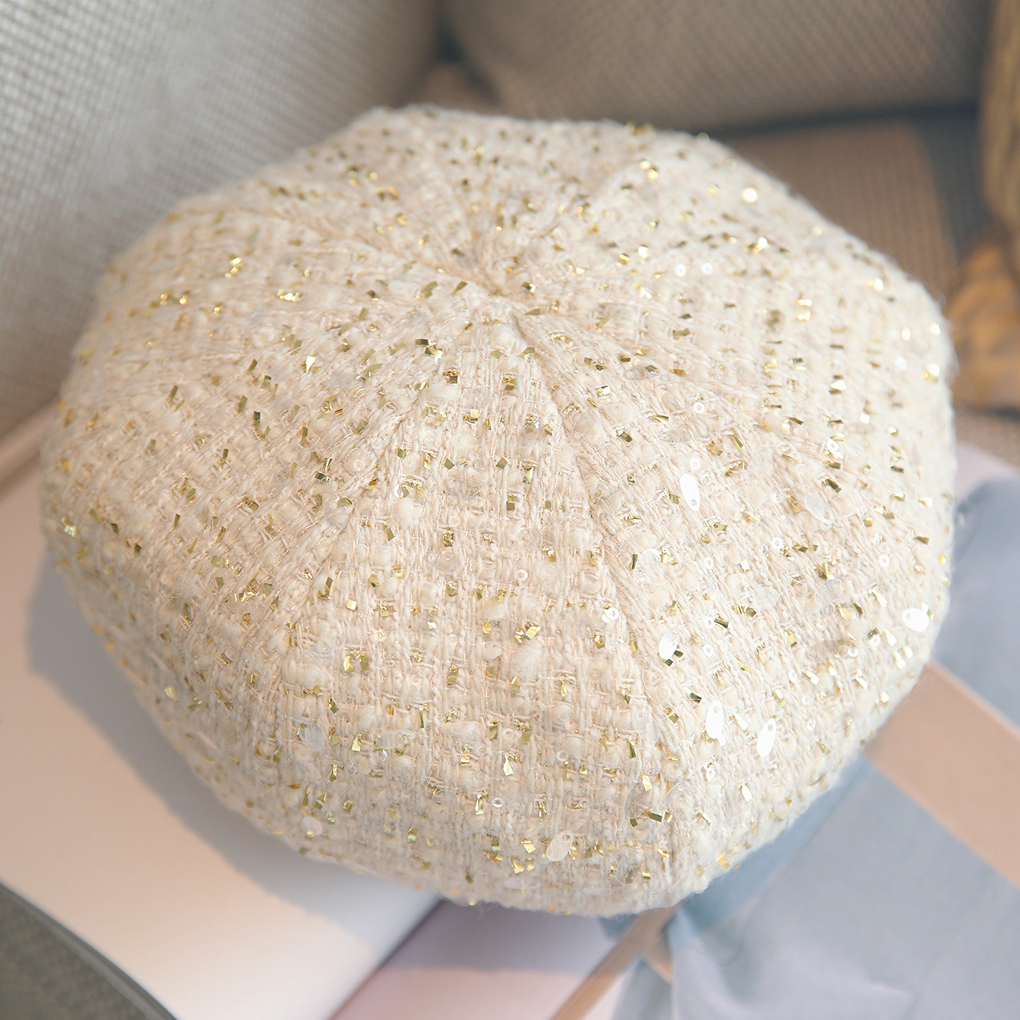 千金风轻奢时髦亮片金丝八角贝雷帽女秋冬保暖百搭显脸小帽子时尚