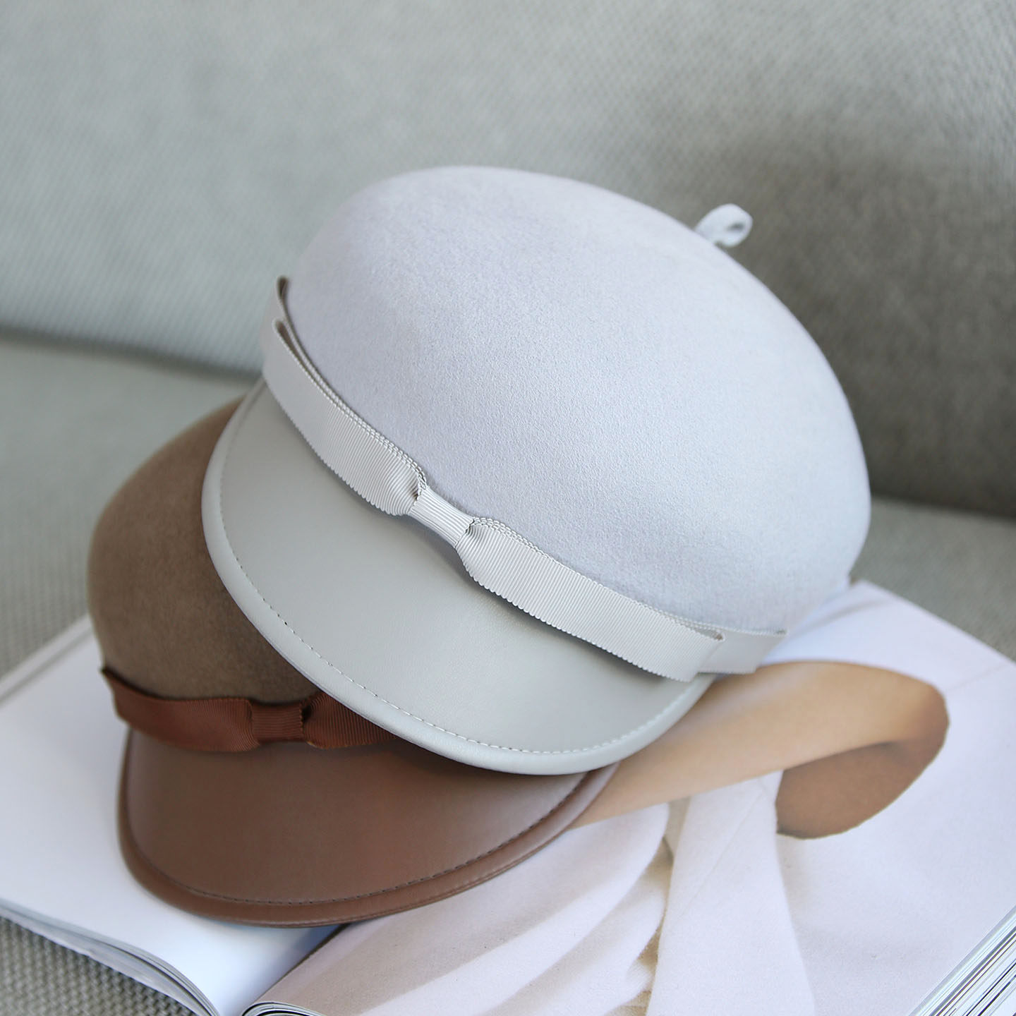 高级拼皮羊毛呢礼帽八角帽女士秋冬百搭皮檐贝雷帽显脸小报童帽