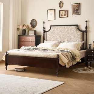 美式 靠包大床 实木床1.8米双人床樱桃木软靠主卧大床复古实木法式