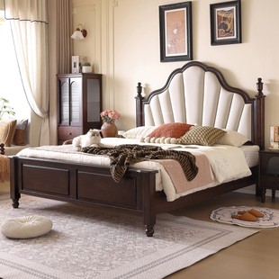 美式 复古风床 复古实木床1.8米双人主卧软包大床樱桃木实木床法式