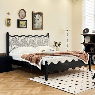 法式 实木床 复古中古风黑色高端卧室布艺软包涟漪双人床白蜡木美式