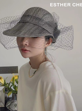 ESTHER CHEUNG高级感法式复古蕾丝网草帽金丝草大头围遮阳帽沙滩