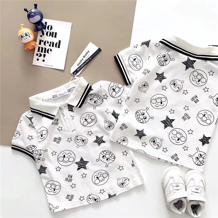 夏新款卡通面包宝宝超人男女儿童黑白翻领短袖纯棉T恤上衣POLO衫