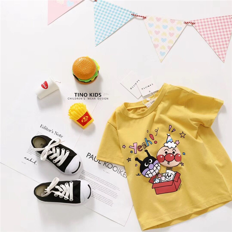 24夏新品卡通面包宝宝超人立体印花男女儿童黄色短袖T恤纯棉上衣