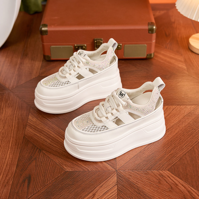 厚底镂空小白鞋8cm内增高女鞋夏季透气爆款洞洞凉鞋网纱松糕板鞋