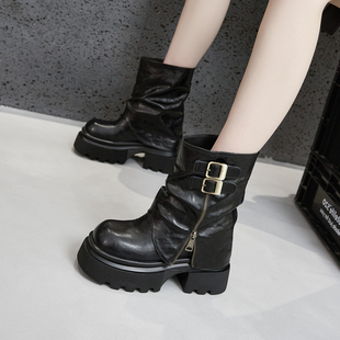 内增高10cm马丁靴女英伦风粗跟短靴子两穿可拆卸裤 管靴厚底堆堆靴