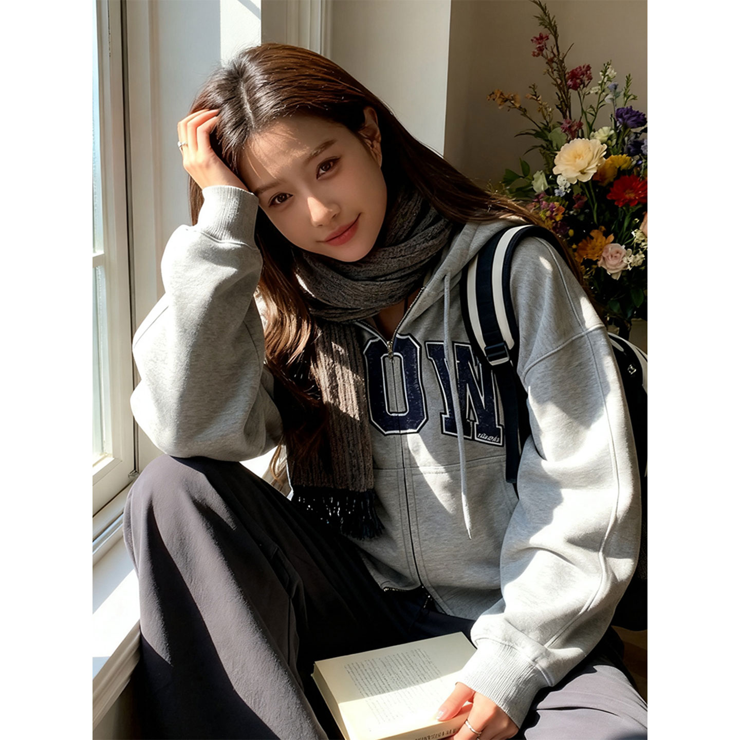 杨超越同款LC秋季做旧韩版宽松百搭字母印花宽松美式连帽卫衣外套