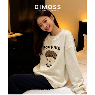 豹纹KT猫印花加绒加厚圆领卫衣女学院风宽松百搭减龄长袖显瘦上衣