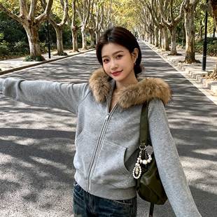 WHT美式 设计感百搭显瘦休闲加绒外套 毛领连帽拉链卫衣女秋冬新款