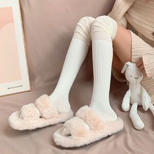 秋冬奶白色长筒袜子女黑色高筒袜jk日系大腿袜拼接过膝袜堆堆袜