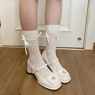 蕾丝透气镂空玛丽珍白色袜子女中筒芭蕾风丝带绑带小腿堆堆袜春夏