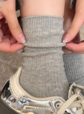 灰色袜子女中筒袜春秋款纯棉韩版长筒白色夏季薄款堆堆袜配小皮鞋