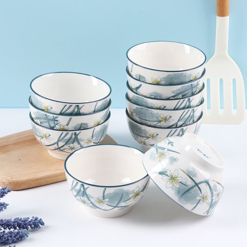 水仙花米饭碗家庭装碗家用高颜值吃饭碗安全高温釉下彩加厚防烫