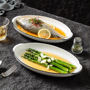 陶瓷鱼盘家用2025新款蒸鱼专用盘子高级感大号鱼碟子双耳鱼碗鱼盆