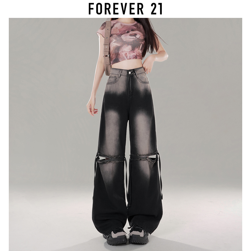 Forever 21复古高街黑色阔腿破洞牛仔裤女夏季2024新款宽松拖地裤