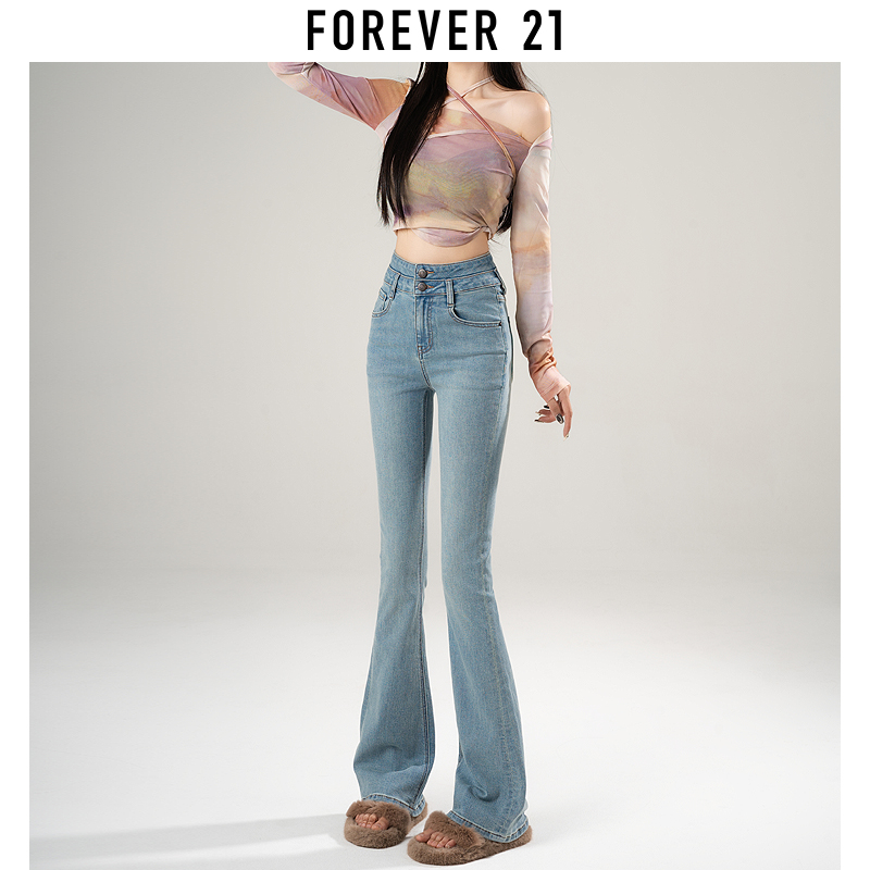 forever 21复古浅蓝色微喇牛仔裤女修身显瘦高腰弹力拖地马蹄裤子-封面