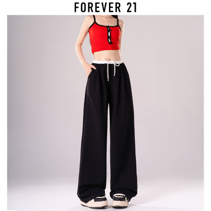 Forever 21黑色运动裤女春夏2024新款休闲高腰垂感小个子阔腿卫裤