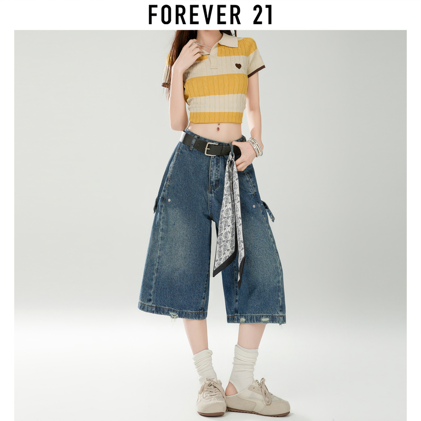 Forever 21高腰水洗怀旧七分牛仔短裤女2025年夏季宽松阔腿五分裤