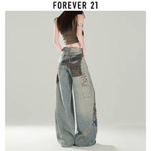 Forever 21美式印花牛仔裤女夏季新款梨形身材显瘦直筒阔腿裤薄款