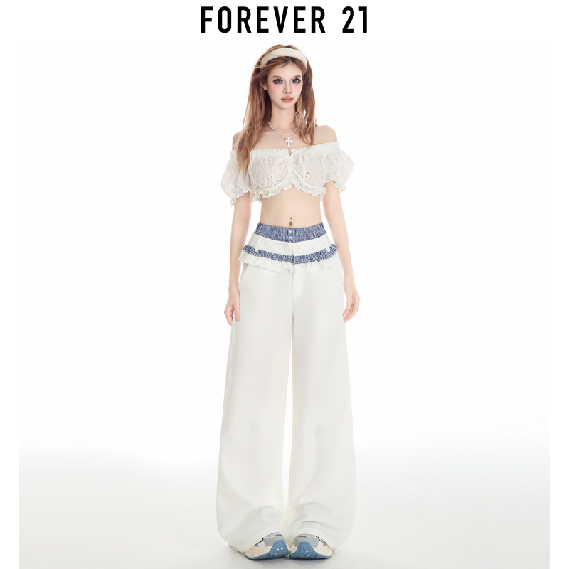 Forever 21高腰蕾丝拼接阔腿休闲裤女夏季新款收腰显瘦垂感直筒裤