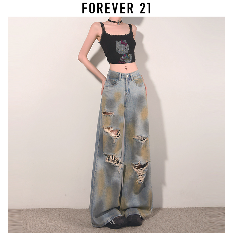 Forever 21高腰破洞阔腿牛仔裤女2025年新款撞色晕染宽松直筒裤