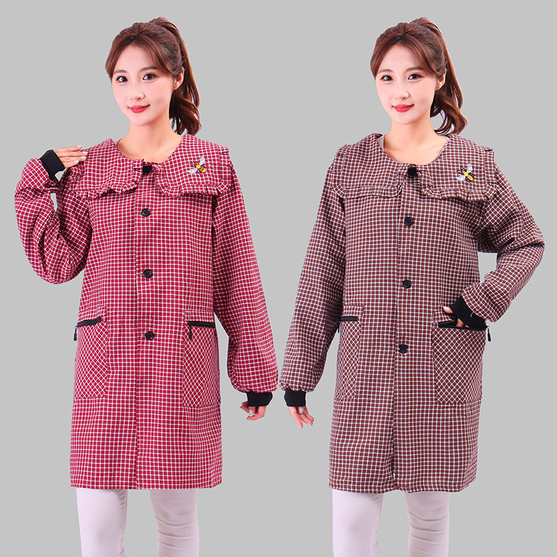 韩版纯棉长袖围裙女厨房做饭防油污大人工作罩衣时尚拉链正穿衣