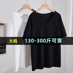 特大码纯棉圆领短袖t恤女胖mm200斤加肥300宽松显瘦纯色半袖上衣